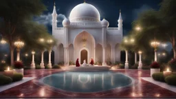 Hyper Realistic people praying outside Beautiful-Decorated-Huge-White-Brick-Mosque with maroon-marble-flooring & Beautiful-Garland-Light-&-Decorations surrounded by a beautiful garden-&-Water-Fountain at beautiful dark night with full-moon & cloudy-sky