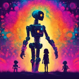 psychedelic colorful silhouette, robot holding hands with little girl, artistic