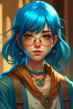 A Filipino-Japanese female with down-turned eyes, blue hair, bangs, and oval glasses as a Dungeons and Dragons Bard. They resemble, “Hange Zoe” from the series, “Attack in Titan” with a manic, crazed look in their eyes. In the style of “The Arcana”