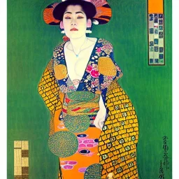 Retrato de cuerpo entero una Gheisha vestida con kimono muy guapa y voluptuosa con el estilo de Gustav Klimt