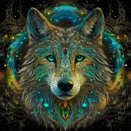 Image of a wolf made up of thousands of very thin glowing lines.Wolf is looking straight at the camera , Symmetrical image, Background is a colorful flowy swirls, golden lines, 3D, alcohol ink effects, sprinkle glitter, pearls, beads. Placed in a glass ball..