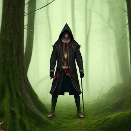 Male, Dark hair, Digital Art, Bow in hand, Hooded Cloak, Dark Forrest background, hunting