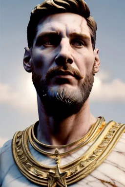 Realistic image, Roman sculpture made in white marble with gold veins, Lionel messi with gold laurel leaves crown, decorative star on the chest, waist up portrait,marble material, gold ornaments, Renaissance style, sun rays background, epic, celestial, cinematic lighting, God lights, 4k resolution, smooth details, soft lighting, unreal engine 5, art station, substance 3d.