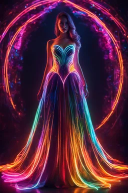 Beautiful woman with dress art neons glowing bright light in the dark and colorful details