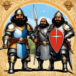 Cheech and Chong with beard and moustache are funny paladin knights with bright plate armours, shield and swords