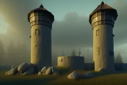 prison guard tower, plains , day time , unity, scriptable render pipeline , lighting , volumetric , global illumination, fog ,blue emission , purple tone.