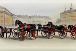 Fiacre, landauer carriage with two horses in Vienna. Pencil sketch. Old paper. Colours