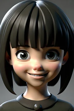 3D Cute girl perfect cute eyes ,smiley with bob hair ,medium black with bangs