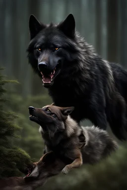 big black wolf fightin a small brown wolf, photo realistic, 4k, dark fantasy