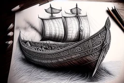 Viking boat drawing Ultra realisic, Ultra detailed, Very professional drawing, Art, colorfull, vikings, old