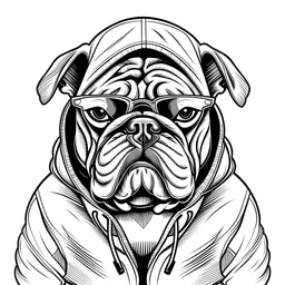 line art drawing of a bulldog wearing a hoodie with sun glasses. The hoodie has the outline shape of a bulldog. black and white, no background