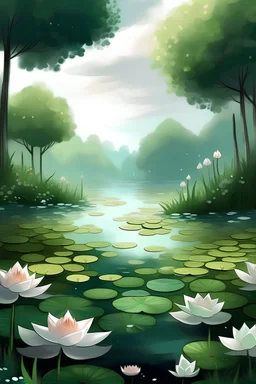 Beyond the bride and groom, let the garden come alive with hidden treasures waiting to be discovered. Picture a tranquil pond adorned with water lilies, their delicate petals floating serenely on the surface of the water. Nearby, a majestic tree stretches its branches towards the sky, its leaves rustling softly in the breeze. create 2d illustration image