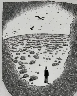 a alone man. pen and ink ,birds eye view, illustrated by hergé, Background space