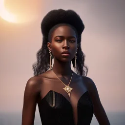 A portrait of a beautiful youthful black woman, wearing a black dress, long hair, black hair, wavy hair, wizard, magical, ethereal, soft bright lighting, Concept art by wlop, Ultra quality 8k, Fantasy.