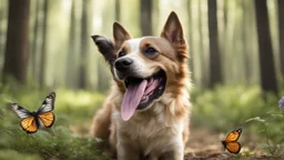 laughing dog in the forest playing with butterfly