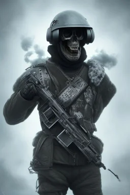 All black Russian soldier, high tech skull special forces helmet, furry helmet, white smoke, dark, rage, sorrow, high definition, ultra 8 k, volumetric lighting, blue fire, fog