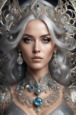 Fullbody photography ultra realistic portrait natural beauty of young woman, beautiful, shiny hard eyes, make up, shiny baubles, ornate, large gemstones, shiny molten metalics, shiny wire filigree, silver hair, high definition, high res,establishing shot