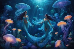 underwater swimming one bioluminescence skin sea fairy mermaid woman each together one giant bioluminescence jellyfish , around fantasy nature, with neon bioluminescence flowers, sea bubles, neon sea plants, etheral, dark blue background ethereal fantasy hyperdetailed , stunning