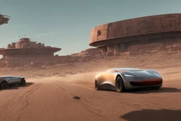 A Tesla 'Semi' (semi truck) is going at a high speed, in Mos Eisley on the planet Tatooine. (CINEMATIC, WIDE ANGLE LENS, PHOTO REAL)