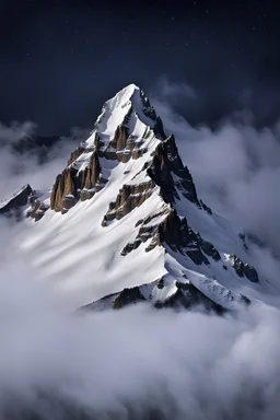 one single snowy mountain sharp face rises out of the mist into the night sky.