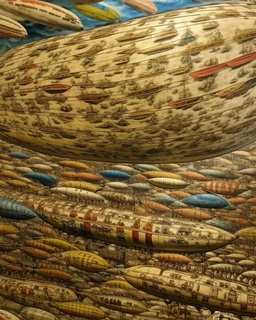 A flesh colored fleet of airships in the sky designed in Matryoshka dolls painted by Jackson Pollock