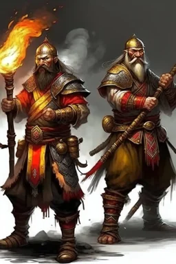 a viking figther a samurai. both wield a flamethrower more realitic
