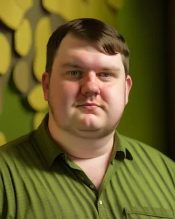 Portrait d'un jeune homme, ultra obèse; cheveux bruns et teint blanc, porte une chemise à carreaux de couleur vert olive. Ce jeune homme tient une planète entre les mains qu'il dévore, HD portrait, Artstation