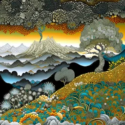 Vibrant, whimsical Mandelbrot fractal, winterly Tuscany landscape with frosted cypress trees, mountains, one single shooting star between clouds of silver and gold, richly textured acrylic ink and charcoal line art, in a zentangle style mix, blending Amanda Clark's fantastical elements and Catrin Welz-Stein's intricate details with Eyvind Earle's subtle earth tones and Georges Braque's bold geometri