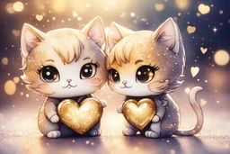 cute chibi cat couple, heart and love, watercolor and black ink outlines, sparkling golden glitter, ethereal, cinematic postprocessing, bokeh, dof