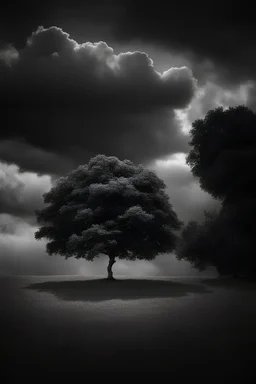 A single very small tree, a huge dark cloudy sky, ray light, conceptual photo, art photo, illusion, fine arts, surrealism, black and white