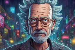 Rick in 8k cartoon artstyle, neon effect, Rick and morty them, close picture, rain, fantasy world, intricate details, highly detailed, high details, detailed portrait, masterpiece,ultra detailed, ultra quality