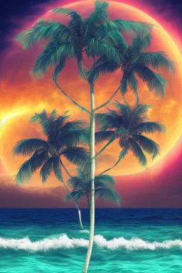 1980's vaporwave aesthetic palm trees with lightning with solar eclipse in the ocean waves sunset