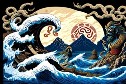 digital painting of the odyssey quest with the mythos cyclops by homer, in the style of hokusai