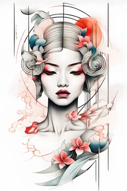 Create a captivating modern 2d colorfull ink tattoo design for print , using the elegant influences of japan art style, for print, dynamic elements from fashion and design, and bold Japanese contemporary art aesthetics, framing centered in the center, distanced from the edges of the paper perimeter, perfect anatomy, bauhaus, Divine Proportion,