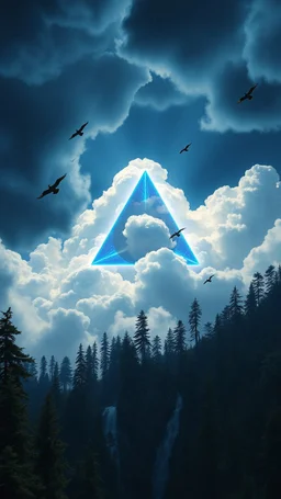 4 Triangle spaceships in the cloud in the background big birds with a lot of dark blue clouds and waterfalls and trees