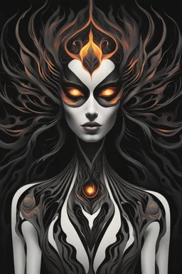 Captivating minimalist illustration of cosmic Dragman, made up of intricately intertwined black flames. Her intense, bright eyes draw the viewer into her mesmerizing gaze, the pulsing energy of each flame creating a euphoric symphony within the heart. Dark background,the bright striped tail adds depth and dimension to the scene,evoking a feeling of dark fantasy, intriguing and mysterious aura. Vector pop art cinematic piece masterfully combines light and shadow, leaving the viewer in awe.Full bo