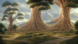 Valinor, tolkien, two giant trees, one giant golden tree, one giant silver tree, surrounded by a giant white castle.