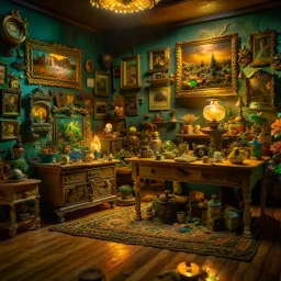 Diorama of old stuff in a room, sharp focus, 8k, 3d, very detailed, volumetric light, grim, fine art, very colorful, ornate, 35mm, F/2.8, insanely detailed and intricate, hypermaximalist, super detailed, decadent