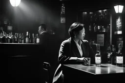 black and white picture of Theresa Hak Kyung Cha, a solitary figure in the shadows and the fumes of the jazz bar, the scene unfolds before you like a carefully crafted tableau. The air is thick with the mingling scents of tobacco and aged whiskey, accompanied by the rhythmic clinking of glasses and the soft murmur of conversation. The dim lighting casts long shadows across the room, lending an air of mystery to the space.