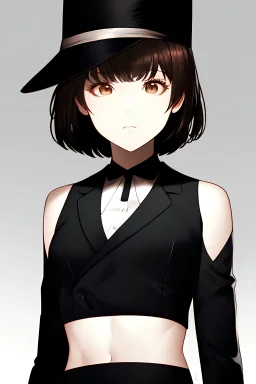 [[extreme stunning photorealistic anime girl Oppenheimer J. Robert]] :: [[photorealistic brown eyes, brown short hair, head and shoulders portrait, grey background colors, neutral expression, wearing black and grey business suit, black hat, 8k resolution photorealistic portrait by Yoshiyuki Sadamoto, Kentaro Miura, Naoki Urasawa, lighting, hyperdetailed, intricately detailed]]