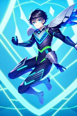 neon blue, flying parts of armor in form of triangles, cyber armor, geometric patterns on armor, male, orbiting triangle