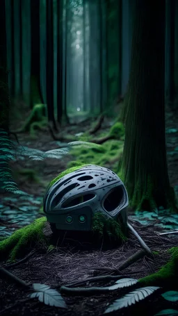 An awardwinning photo of a lonely and abandoned bicycle helmet in a mystical forest