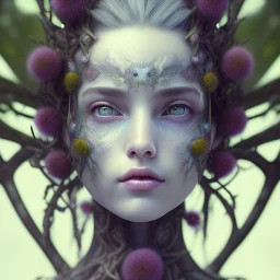 Portrait of beautiful girl, plant, metal, feathers, Dryad, fae, sidhe, ominous, nature, plants, wildflower, facepaint, dnd character portrait, intricate, oil on canvas, masterpiece, expert, insanely detailed, 4k resolution, retroanime style, cute big circular reflective eyes, cinematic smooth, intricate detail , soft smooth lighting, soft pastel colors, painted Renaissance style,bokeh, 800mm lens