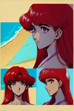 retro anime, 80's, redhead,portrait synth-wave colored, beach