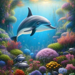 pixar style, volumetric summer garden environment and background, realistic painting of a dolphin, looking excited, detailed digital painting, extreme dense and fine fur, anime, ornate, colour-washed colors, elegant, small minutiae, tiny features, particulars, centered, smooth, sharp focus, renderman gofur render, 8k, uhd, detailed eyes, realistic shaded volumetric lighting, sunlight caustics, backlight, centered camera view