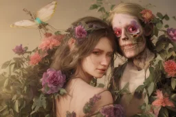 portrait of a couple, girl 1 dressed as life (flowers, butterflies, leaves), girl 2 dressed as death (skeletons, wilted flowers, upside down bird), resting heads against each other, beautiful, ethereal, 8k resolution, dynamic lighting