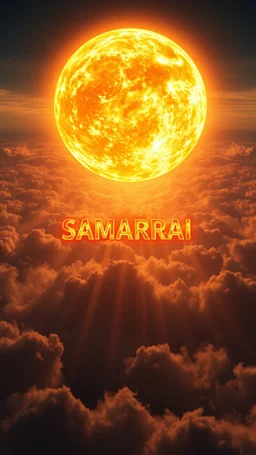 A huge ball of fire above swirling “ clouds, the word “ SAMARRAI “ in 3D emerges from the heart of a raging storm. Turbulent winds of steam swirl around the sun lit by shafts of sunlight that cast dramatic shadows on the A beautiful sun , High quality 16k cinematic scene and great photography