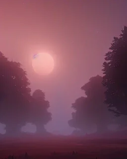 Landscape at night trees in the mist with moon in the background, birds in the sky, red mars