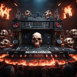 DJ of the damnded, insanely detailed DJ booth in hell, MID set, speakers and equipment made of bone, anatomically correct, add more skulls in th audience, photorealism, vray, 8k 3d https://stablecog.com/generate?o=a67b60e0-edd2-418d-9744-d1d585055d7fv https://stablecog.com/generate?o=93026b00-ac6b-436a-bc57-6aa04073d4a9