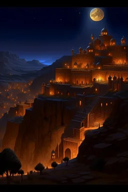 Create surrealistic image of a walled ancient city sitting in the distance at night as viewed from the rim of a canyon about the city. The city is lit with torch sconces around the perimeter with windows high up on the walls. Soldiers in armor patrol the walls surrounding the city under the flickering torchlight and a full moon above. One window high up on the wall has a red string hanging from it blowing in a gentle breeze